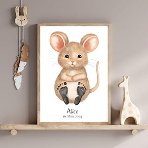 Baby Fußabdruck Poster Maus – Geschenk zur Geburt oder Taufe – personalisiert & liebevoll – Babyzimmer Deko – Abdruck Poster A4 oder A3