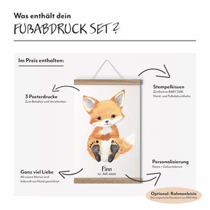 Baby Fußabdruck Set Tiere, personalisiert, Geschenk Geburt Mädchen Junge, Geschenk Taufe Patenkind, Babyzimmer Deko Boho, Geburtsposter Bild 3