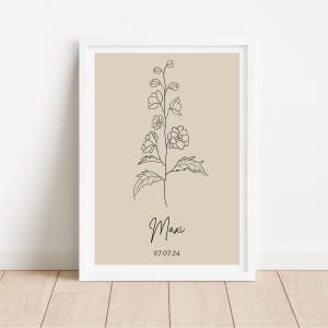 Geburtsblumenposter personalisiert | Juli Rittersporn | Geburtsposter schlicht | Poster beste Freundin | Wanddeko floral Boho Beige