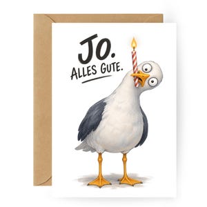 May include: A white greeting card featuring a cartoon seagull with grey wings and yellow feet, holding a lit red and white striped birthday candle in its beak. The text "JO. ALLES GUTE." is printed in black above the bird on a white background.
