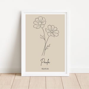Geburtsblumenposter personalisiert | Oktober Cosmea | Geburtsposter schlicht | Poster beste Freundin | Wanddeko floral Boho Beige