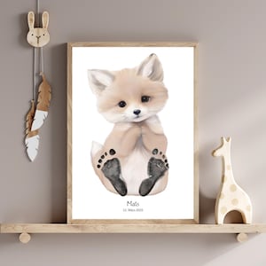 Baby Fußabdruck Poster Fuchs Skandi Boho personalisiert | Geschenk Baby Geburt Taufe | Babyzimmer Deko Beige | Baby Geschenk personalisiert