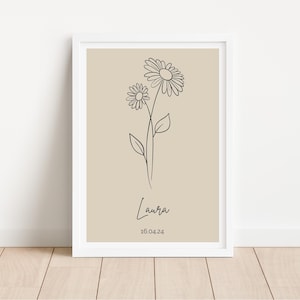 Geburtsblumenposter personalisiert | April Gänseblümchen | Geburtsposter schlicht | Poster beste Freundin | Wanddeko floral Boho Beige