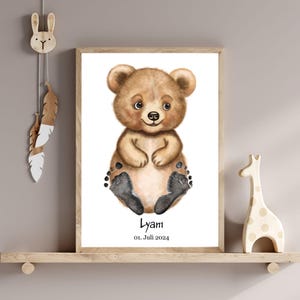 Baby Fußabdruck Set personalisiert mit Bär – Geschenk zur Geburt, Taufe, Babyparty, Erinnerung, Muttertag, Baby Fußabdrücke, Baby Geschenk