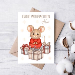 Personalisierte Weihnachtskarte mit süßem Mäuschen – Niedliche Weihnachtfaltkarte mit Name für Baby Kind Enkelkind Patenkind Neffe Nichte