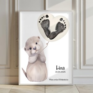 Meine ersten Fußabdrücke Poster Set personalisiert, Babygeschenk Geburt Taufe, Fußabdruck Set Tiermotive Boho beige Kinderzimmer Otter