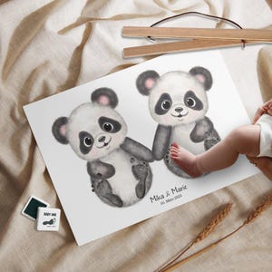 Zwillinge Geschenk Geburt – personalisiertes Fußabdruck Poster Pandabär – Taufgeschenk Zwillinge Baby – Deko fürs Babyzimmer Abdruck Poster