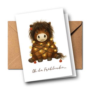 Weihnachtskarte lustig – Pony mit Lichterkette „Oh du Fröhliche…“ – mit Umschlag – Weihnachtskarte für Kollegen, Freunde & Weihnachtsmuffel