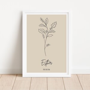 Geburtsblumenposter personalisiert | Dezember Stechpalme | Geburtsposter schlicht | Poster beste Freundin | Wanddeko floral Boho Beige