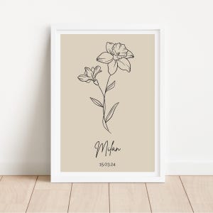 Geburtsblumenposter personalisiert | März Narzisse | Geburtsposter schlicht | Poster beste Freundin | Wanddeko floral Boho Beige