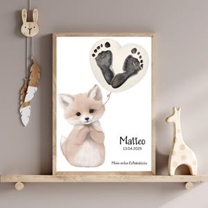 Meine ersten Fußabdrücke Poster Set personalisiert, Babygeschenk Geburt Taufe, Fußabdruck Set Tiermotive Boho beige Kinderzimmer Fuchs