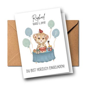 Einladung 1. Geburtstag Löwe (Sternzeichen) – personalisierte Faltkarte A6 – Name personalisiert – Tiermotiv Babylöwe – Einladung Junge