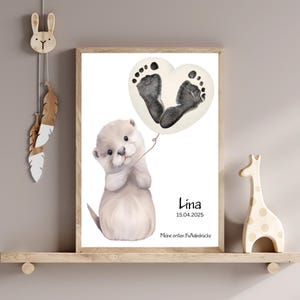 Meine ersten Fußabdrücke Poster Set personalisiert, Babygeschenk Geburt Taufe, Fußabdruck Set Tiermotive Boho beige Kinderzimmer Otter