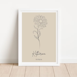 Geburtsblumenposter personalisiert | September Aster | Geburtsposter schlicht | Poster beste Freundin | Wanddeko floral Boho Beige