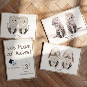 Personalisiertes Geschenk Geburt Zwillinge – Fußabdruck Set Tiere Boho – Taufgeschenk Zwillinge – Babyzimmer Deko – Erinnerungsgeschenk A3