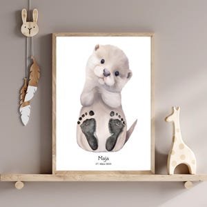 Baby Fußabdruck Poster Otter Skandi Boho personalisiert | Geschenk Baby Geburt Taufe | Babyzimmer Deko Beige | Baby Geschenk personalisiert