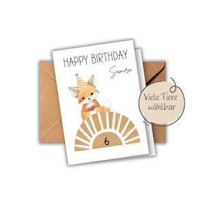Besondere Geburtstagskarte Kind mit Name | Boho Sonne mit Tier | Grußkarte zum 1. 2. 3. 4. 5. usw. Geburtstag | Glückwunsch Kindergeburtstag