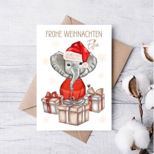 Personalisierte Weihnachtskarte mit süßem Elefant – Niedliche Kinderweihnachtskarte mit Name für Baby Kind Enkelkind Patenkind Neffe Nichte