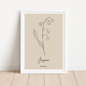 Geburtsblumenposter personalisiert | Mai Maiglöckchen | Geburtsposter schlicht | Poster beste Freundin | Wanddeko floral Boho Beige