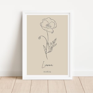 Geburtsblumenposter personalisiert | August Mohnblume | Geburtsposter schlicht | Poster beste Freundin | Wanddeko floral Boho Beige