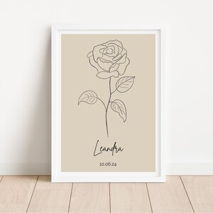 Geburtsblumenposter personalisiert | Juni Rose | Geburtsposter schlicht | Poster beste Freundin | Wanddeko floral Boho Beige | Poster Rose