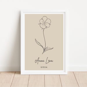 Geburtsblumenposter personalisiert | Februar Veilchen | Geburtsposter schlicht | Poster beste Freundin | Wanddeko floral Boho Beige