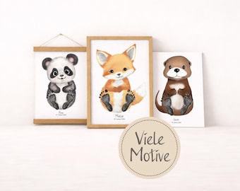 Affiche personnalisée empreinte de pied bébé/enfant – Cadeau de naissance avec motif animal au choix – Cadeau de naissance et de baptême – Format A4 ou A3