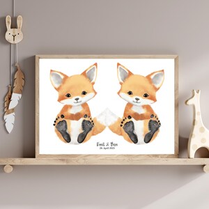 Zwillinge Geschenk Geburt – personalisiertes Fußabdruck Poster Fuchs  – Taufgeschenk Zwillinge Baby – Deko fürs Babyzimmer A3 Abdruck Poster