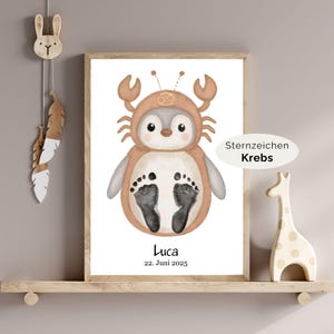 Sternzeichen Krebs Fußabdruck Set – personalisiertes Geschenk zur Geburt – Taufgeschenk Baby – Babyposter personalisiert – 0 - 4 Jahre