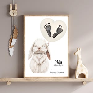 Meine ersten Fußabdrücke Poster Set personalisiert, Babygeschenk Geburt Taufe Häschen, Fußabdruck Set Tiermotiv Boho beige Kinderzimmer Hase
