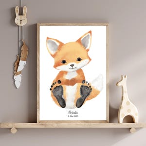 Baby Fußabdruck Poster Fuchs – personalisiertes Geschenk zur Geburt, Taufe oder 1. – 4. Geburtstag – Babyzimmer Deko – Abdruck-Set A4 und A3
