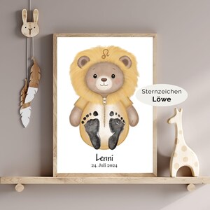 Sternzeichen Löwe Fußabdruck Set – personalisiertes Geschenk zur Geburt – Taufgeschenk Baby – Babyposter personalisiert – 1. Geburtstag Idee