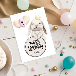 Personalisierte Geburtstagskarte mit Umschlag für Kinder | Hase mit rosa Luftballons Happy Birthday | Individuell mit Name & Alter | Häschen