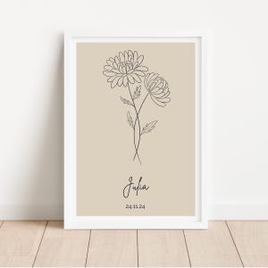Geburtsblumenposter personalisiert | November Chrysanteme | Geburtsposter schlicht | Poster beste Freundin | Wanddeko floral Boho Beige