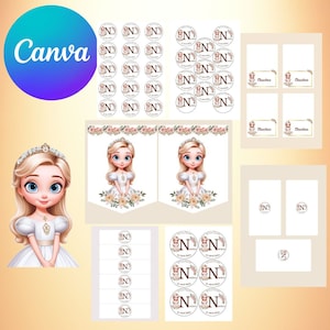 Può includere: Decorazioni per feste stampabili con una ragazza dei cartoni animati con capelli biondi e una corona. Le decorazioni includono striscioni, etichette e adesivi con la lettera "N" e disegni floreali. Il testo "Chuches" appare su alcune delle etichette.