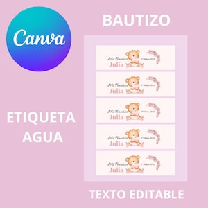 Plantilla para botellas de agua, etiquetas para botellas de agua bautizo niña, descargables de plantillas de botellas de agua, etiqueta agua