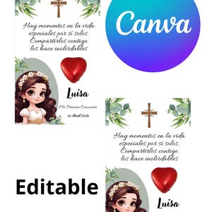 Plantilla tarjeta de agradecimiento comunión niña tarjeta agradecimiento para bombón o gominola editable comunión tarjeta agradecimiento