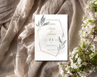 Modern Wedding Invitation, Elegant Wedding Invite, 5x7, Silver and Gold Wedding card, Modern Invite