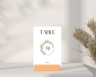 Numéros de table personnalisés, numéros de table blancs simples et élégants, numéros de table à cadre floral, modèle modifiable et personnalisable