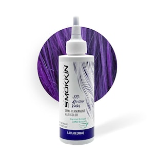 May include: A white bottle of SMOKKIN semi-permanent hair color in African Violet. The bottle has a white nozzle and a label with the product name, ingredients, and volume of 5.5 fl oz (162ml). The background features purple hair.