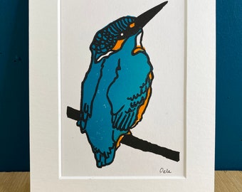 Linosnede ijsvogel 13x18 cm incl passepartout