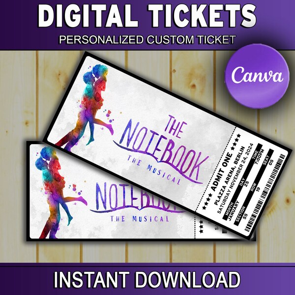 Printable The Notebook Ticket The Musical Theater Tickets Broadway West End Surprise Gift Editable Personalized Keepsake Download from Canva