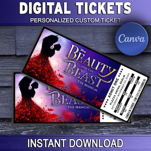 Printable BEAUTY and the BEAST Broadway Surprise Ticket Editable Musical Theater Faux Event Admission Souvenir Keepsake Canva Download