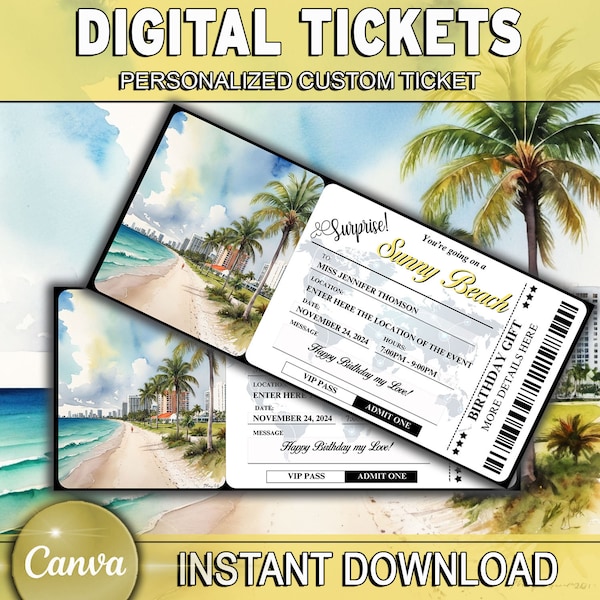 Surprise Beach Trip Ticket | Watercolor Vacation Tickets Instant Download | Printable Trip Ticket Surprise | Ticket to the Beach Vacation