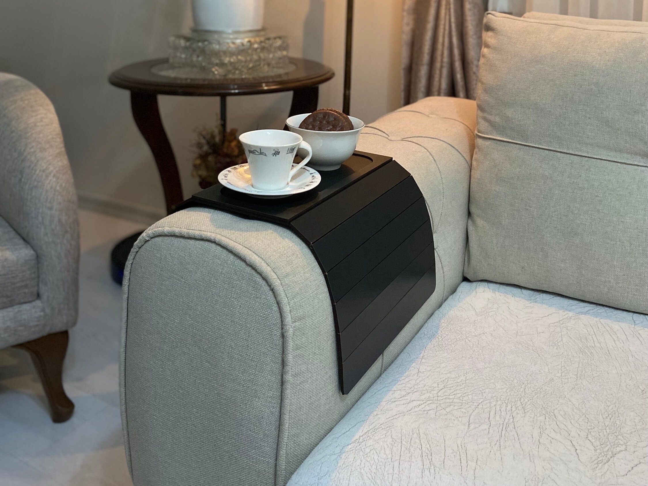 calormoss Bandeja de brazo para sofá con soporte giratorio de 360°, con  clip en la bandeja lateral del reposabrazos del sofá, mesa de bandeja de
