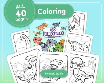 May include: A coloring book with a black and white illustration of a dinosaur on the cover. The book is titled "40 Dinosaurs Coloring Book" and has a green and white background. The book is part of a set of 40 coloring pages.