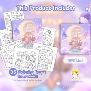Pode incluir: Um conjunto de livro de colorir digital com 35 p&aacute;ginas em formato PDF. A capa exibe o texto Twinkle Little Star e Cozy Fantasy Coloring Book com um personagem sob uma lua crescente. Inclui v&aacute;rias ilustra&ccedil;&otilde;es de arte em linha.