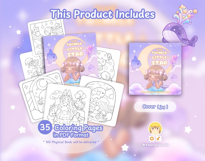 Pode incluir: Um conjunto de livro de colorir digital com 35 p&aacute;ginas em formato PDF. A capa exibe o texto Twinkle Little Star e Cozy Fantasy Coloring Book com um personagem sob uma lua crescente. Inclui v&aacute;rias ilustra&ccedil;&otilde;es de arte em linha.