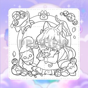 Pode incluir: Uma p&aacute;gina de colorir em preto e branco com uma personagem com orelhas de gato segurando um gatinho, rodeada por flores e um segundo gato. A palavra PREVIEW est&aacute; centralizada na imagem. O design inclui uma moldura circular com uma pata.