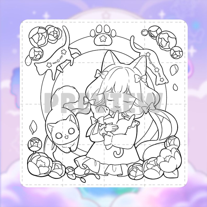Pode incluir: Uma p&aacute;gina de colorir em preto e branco com uma personagem com orelhas de gato segurando um gatinho, rodeada por flores e um segundo gato. A palavra PREVIEW est&aacute; centralizada na imagem. O design inclui uma moldura circular com uma pata.